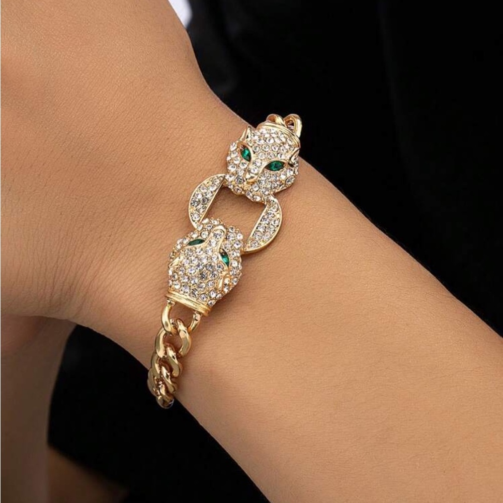 Dual Headed Leopard Bracelet With Emerald Eyes and Rhinestones, Dual Headed Cat